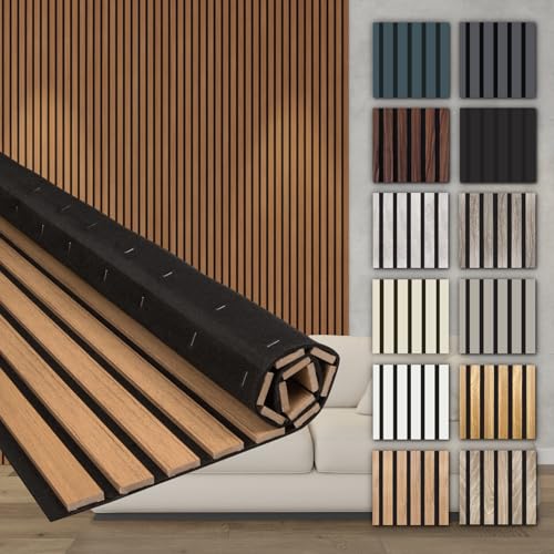 HEXIM Akustikpaneele Holz 278x60cm - Holzpaneele Wand Lamellenwand flexibel MDF Wandpaneele TV Wandverkleidung Holzwand Deko Holzoptik (6 Paneele / 10,02 m² Teak - AP09)
