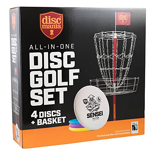 Discmania DM0021 All in one disc Golf Set Discgolf Ziel, Metall, rote Scheiben: rosa, blau, gelb, weiß, 65 x 65 x 21