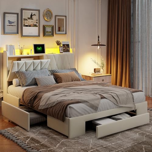 Ravas 160x200 cm Polsterbett mit 2 USB- und AC-Ladefunktionen, Kopfteil mit Stauraum | Fernbedienung und APP-Steuerung, LED-Beleuchtung und 5 Schubladen, Doppelbett aus Holz mit Lattenrost