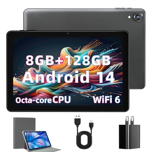 Rebecco Tablet 10 Zoll Android 14 Tablets, Octa Core 1280 * 800 IPS HD Display Android Tablet, 8GB RAM+128GB ROM(Expand to 1TB), Unisoc A523 CPU, 5G/2.4G WiFi, 5MP+8MP Kamera
