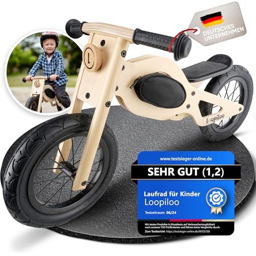 LOOPILOO Kinder Laufrad ab 2 Jahre bis 30kg, Balance Bike aus Holz, Rahmentasche, [höhenverstellbarer Sitz], Lauflernrad, 12 Zoll, [spielerische Förderung], Kind fördern