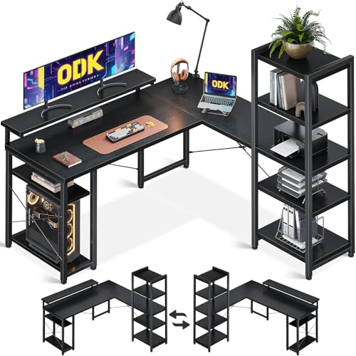 ODK Schreibtisch mit Regal, Eckschreibtisch L-Form mit 5-stufigem Regal, Bürotisch mit Monitorständer für Büro, Schwarz 140×137cm