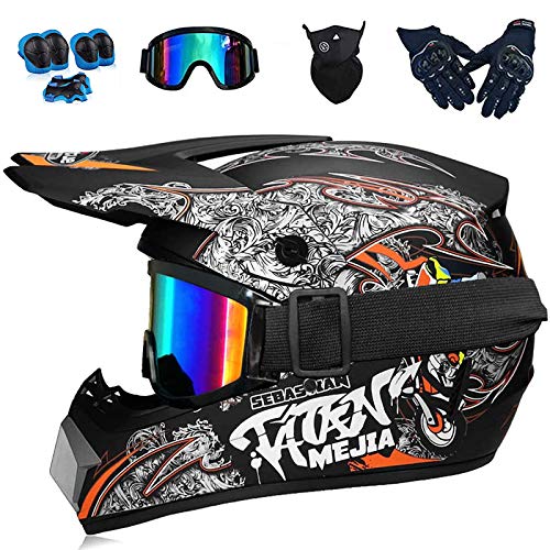 Motocross Helm Motocross Helm Set Enthält Handschuhe, Schutzbrillen, Motorradmasken und Knieschützer für Kinder Geeignet für Kinder und Erwachsene Mehrere Größenoptionen,Gelb,L（59~60CM）
