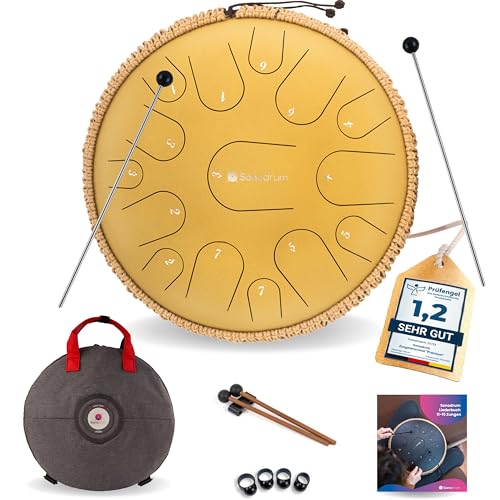 Sonodrum Zungentrommel 'Premium' C - Dur in Gold - 35 cm groß mit 15 Tönen - Steel Tongue Drum inkl. Liederbuch, Schlägel, Fingersticks und Tragetasche - Notenlesen nicht nötig, einfach zu spielen.