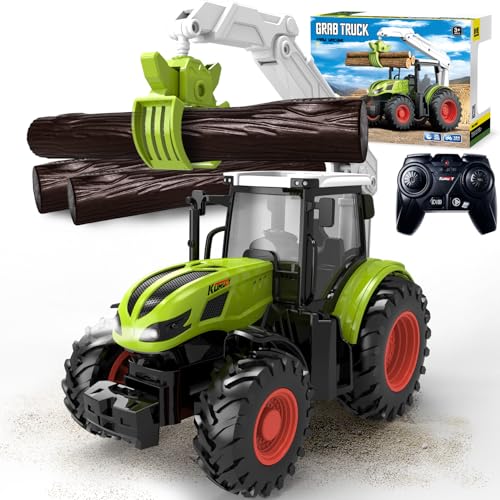 Traktor Spielzeug, Ferngesteuerter Traktor Ferngesteuert ab 3 4 5 6 Jahre, Trecker Spielzeug Kinder Grün mit Licht, Holzgreifer und 3 Baumstämme, RC Traktor Geschenke ab 3 4 5 6+ Jahre Jungen Mädchen