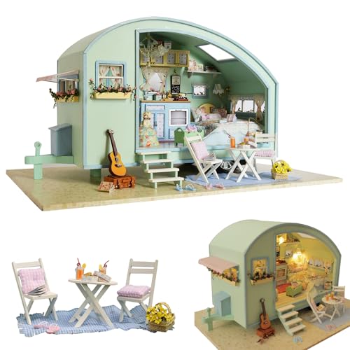 CUTEROOM Holz-Puppenhaus zum Zusammenbasteln, Miniatur-Set, Wohnwagen & Möbel