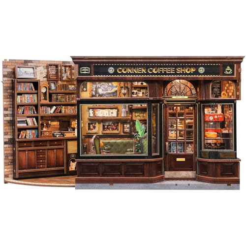 CUTEBEE Book Nook Kit – DIY Miniatur Haus Puppenhaus Modellbau Kit für Erwachsene mit LED-Licht, 3D Puzzle & Buchstütze – Bücherregal Deko & Geschenk (Corner Coffee Shop)