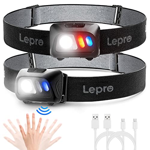 Lepro Stirnlampe USB Wiederaufladbar, Ultrahelle 800L LED Kopflampe mit Gestensensor und Rotlicht, 5 Lichtmodi, Wasserdicht Leicht Stirnleuchte, Perfekt fürs Laufen, Joggen, Angeln, Campen, 2 Stück