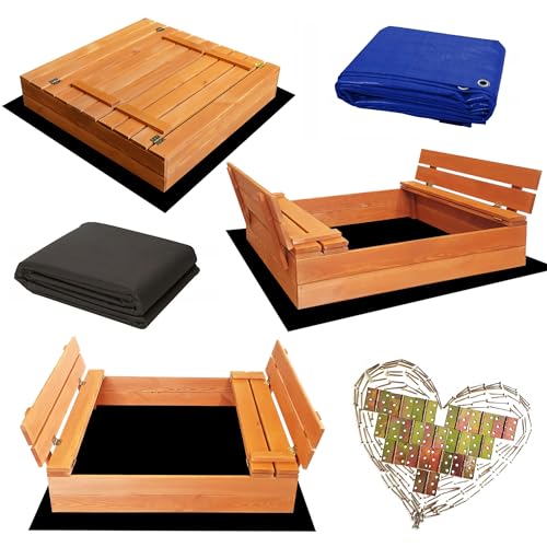 SunWood Sandkasten 100x100 cm Imprägniert Premium Sandbox mit Abdeckung Sitzbänken Deckel Plane Sandkiste Holz Kiefer Sandkastenvlies Amber-Imprägniert