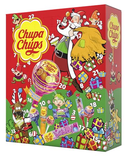 Chupa Chups XXL Adventskalender 2024, 24 Türchen mit einem Mix aus verschiedenen Lutscher- & Kaugummi-Sorten, Süßigkeiten Weihnachtskalender, 1x872g