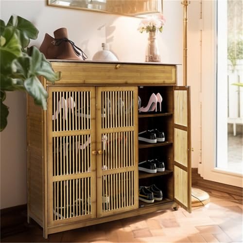 unho Schuhschrank Schuhregal mit 4 Ablagen, 1 Schublade und 3 Türen, Schuhablage für Flur Diele, Schuhkommode für High Heels, Sportschuhe, 93 x 32 x 98 cm