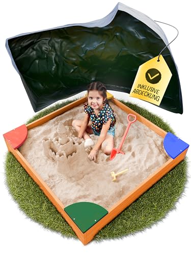 FRIEDO – Sandkasten mit Abdeckung 90x90 cm - Sandbox inkl. Bodenvlies zum Schutz vor Unkraut und Ungeziefer - Buddelkasten mit farbigen Ecken für den Garten - Sandkiste aus Holz mit Abdeckplane