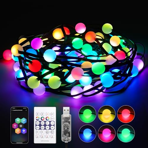 REYLAX Smart USB LED Kugel Lichterkette, 10M 66 LED RGB Lichterkette mit Fernbedienung IP65 Wasserdicht, Farbwechsel Lichterkette APP Sync Musik für Innen Garten Hochzeit Balkon Weihnachtsbaum