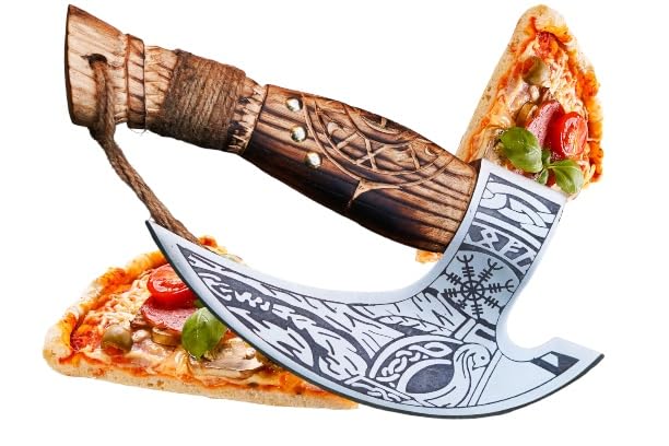 CraftTal Pizzaschneider Handgefertigte Pizza-Wikinger-Axt-Klinge aus Kohlenstoffstahl mit Rosenholzgriff, Adlerkopf-Pizza-Schneideaxt (ODIN Pizza Axt)