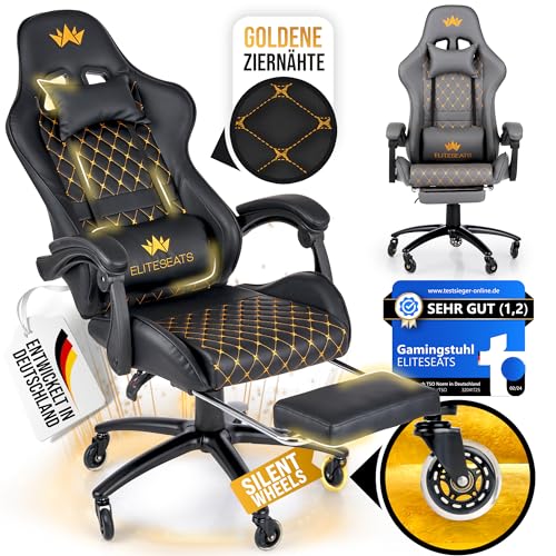ELITESEATS Gaming Stuhl [mit Fußstütze] - Gaming Chair [Silent Wheels] - Gamingstuhl Ergonomisch - Gamer Stuhl Gaming Sessel Bürostuhl (Schwarz)