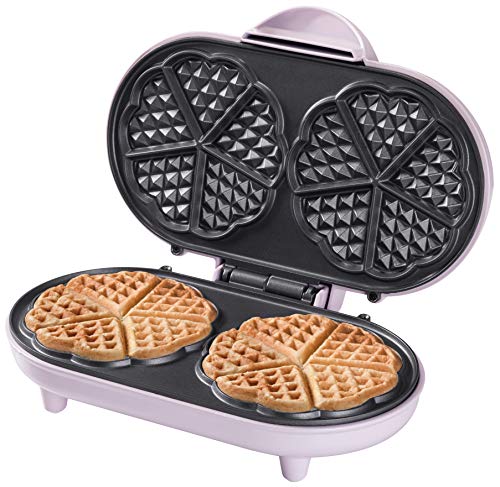 Bestron Doppel-Waffeleisen für klassische Herzwaffeln, Herzwaffeleisen mit Backampel & Antihaftbeschichtung, ideal für Kindergeburtstage, Ostern & Weihnachten, Farbe: Rosa