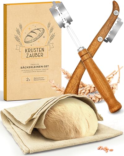 KRUSTENZAUBER Bäckerleinen und Bäckermesser Set - 2x Leinentuch 75x45cm + 2x Teigmesser - Brot Backen Zubehör, Teigschneider, Brotmesser, Gärfolie, Teigtuch, Sauerteig Starter , Brotklinge