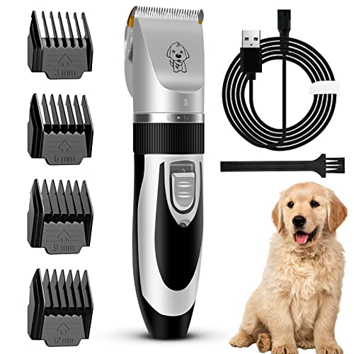 Hundeschermaschine, CKCLR Elektrische Hundetrimmer Schnurlosen Haarschneidemaschine, Wasserdicht Hunde schermaschinen mit 4 Führungskämmen, USB Wiederaufladbar Elektrorasierer-Set