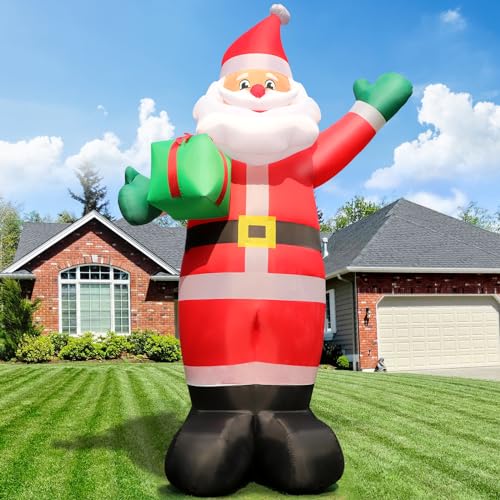 Omdekor 304 cm Aufblasbar Weihnachtsmann mit LED Licht Gebläse, 10 Fuß Riesen Figur Inflatable Santa Claus mit Grünebox, Weihnachtsdeko Wetterfest IP44 Beleuchtung Deko für Innen Rasen Yard Garten