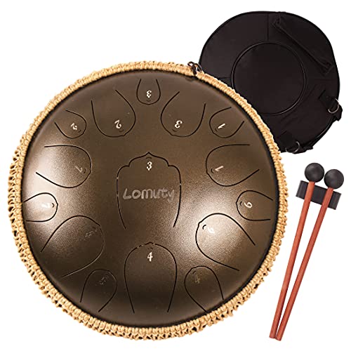 LOMUTY Stahlzungentrommel, 13 Zoll Steel Tongue Drum, D-Dur 15 Noten, Handtrommel HandPan Drum mit Drumsticks/Tragetasche(Bronze)