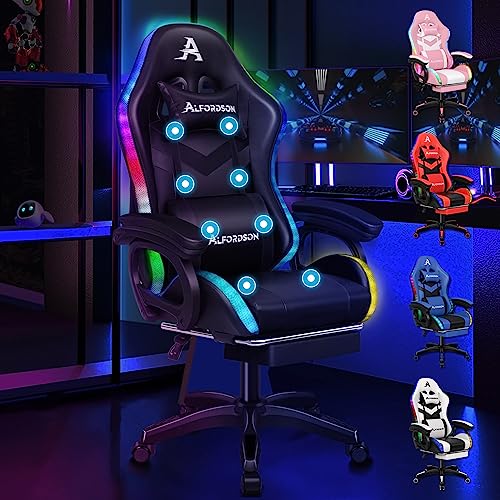 ALFORDSON Gaming Stuhl mit 8-Punkt Massage 12 Farben RGB LED-Licht, Bürostuhl Ergonomisch mit fußstützen, Kopfstütze Lendenkissen für Kinder Erwachsene, Schwarz