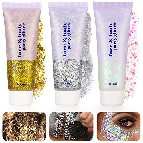 Xinstroe 3 Stück Body Glitter gel, Sequins Chunky Glitter Liquid Gel für Gesicht Haare Lippen Nägel Make Up Kosmetik Festival Party, Silber,Gold,Weiß