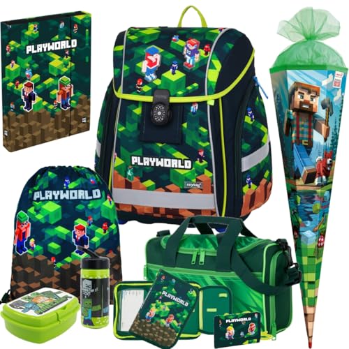 OB Premium Light - Playworld - Pixel - Schulranzen-Set 9tlg. mit Sporttasche, Schultüte R, Brotdose Trinkflasche Brustbeutel, Heftbox A4 gratis