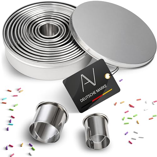 AVANA Edelstahl Ausstechformen 12 Stück Ringe Keksformen Cutter Set Speiseringe Keks Cookie Rund Plätzchen Ausstecher mit Aufbewahrungsbox