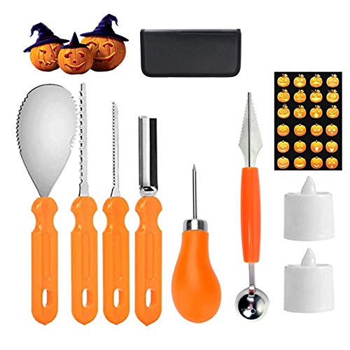 Herefun Halloween Kürbis Schnitzset 9 Stück, Edelstahl Kürbis Schnitzwerkzeuge Zum Aushöhlen von Kürbissen Schnitz-Werkzeug mit Aufbewahrungstasche, Schnitz-Vorlagen und Kerze