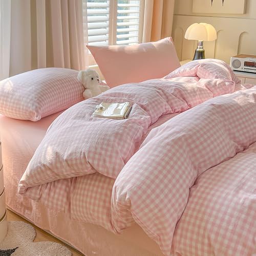 Covebett Bettwäsche 135x200 Kariert Rosa Weiß Karo Muster Modern Bettbezug Set Landhausstil Geometrisch Karomuster Renforce Gewaschene Microfaser Deckenbezug und Kissenbezug 80x80 Reißverschluss
