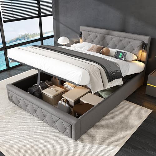 Kayan Boxspringbett 160x200 cm, Polsterbett mit hydraulisches Bettkasten, Bett mit Lattenrost, Leselicht mit USB Ladefunktion Kopfteil, Stauraumbett Doppelbett Jugendbett, Leinen Grau (160x200 cm)