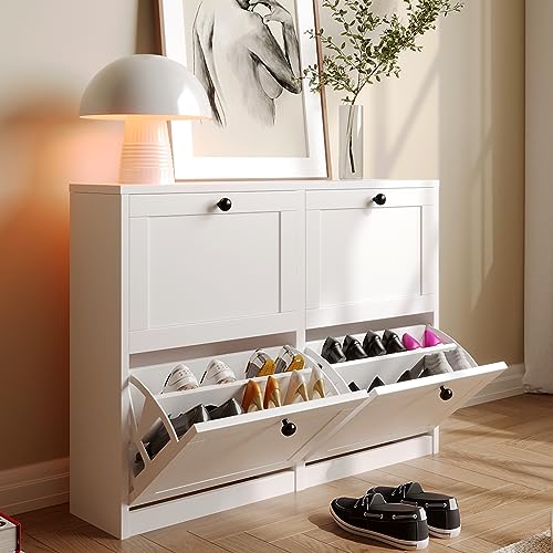 VOWNER Schuhschrank mit 4 Klappen, Schuhschrank Schmal Schuhregal, mit 8 Fächern, Schuhablage Verstellbar, 105 x 24 x 80 cm, Anti-Kipp-Vorrichtung für Eingangsbereich, Flur, (Weiss)