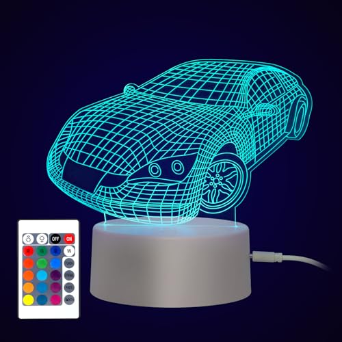 3D Nachtlicht Kinder Illusion Lampe - Smart Emotional Nachtlicht 16 Farben Mehrere Modi Dimmbar Touch Switch mit Fernbedienung und USB Kabel, Kinderzimmer Schlafzimmer Dekoration Geschenk(Auto)