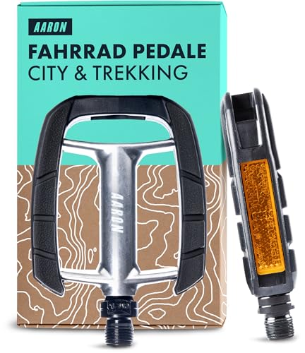 AARON City Fahrradpedale mit rutschfestem Gummi Grip und abgedichtetem Industrie-Kugellager, Trekkingpedale mit Reflektoren für E-Bike, Trekking Bike, City Bike, Silber/Schwarz