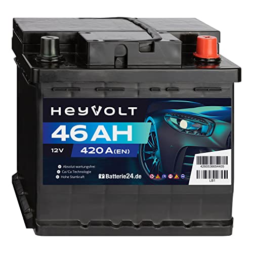 HeyVolt Autobatterie 12V 46Ah 420A/EN Starterbatterie, absolut wartungsfrei ersetzt 36Ah 41Ah 43Ah 44Ah 46Ah
