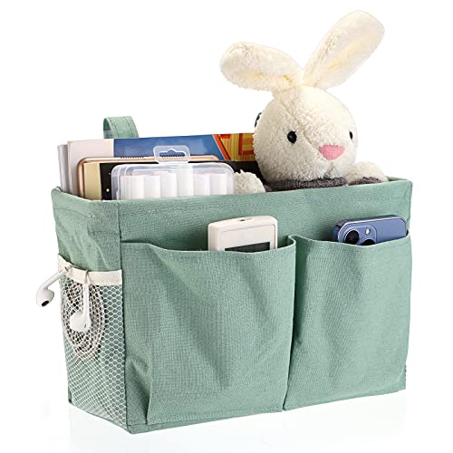 IGNPION Canvas Bedside Hanging Storage Bed Pockets Baskets-Adjustable Hanging Tape Dormitory Bed Organizer Caddy Multi-purpose Hanging Storage Bag for Home Office School Dorm Hospital, Green