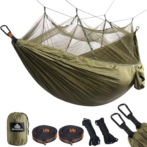 NATUREFUN Ultraleichte Moskito Netz Camping Hängematte 300kg Tragfähigkeit,(275 x 140 cm) Atmungsaktiv, schnell trocknende Fallschirm Nylon Enthalten 2 x Premium Karabinerhaken 4 x Nylonschlingen