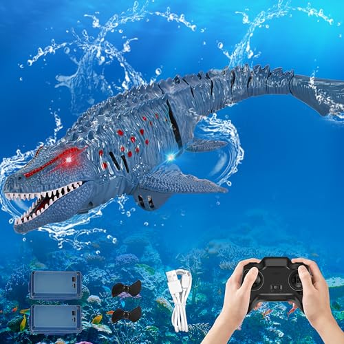 IEEILULU Ferngesteuerter Mosasaurus, 2.4GHz RC Mosasaurus Wasserspielzeug mit USB, Simulation Ferngesteuertes Boot mit leuchtenden Augen, Geschenk für 8+ Jahre Jungen Mädchen Schwimmbad (Blau)