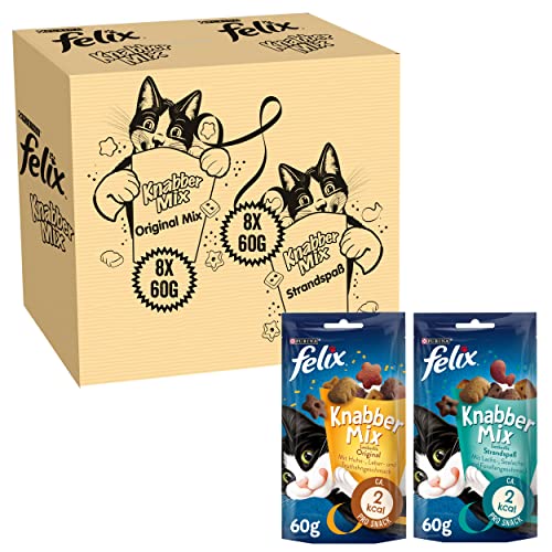 FELIX Knabber Mix Original & Strandspaß, Katzensnack mit verschiedenen Sorten, 2er Pack (2 x 8 Beutel à 60g)