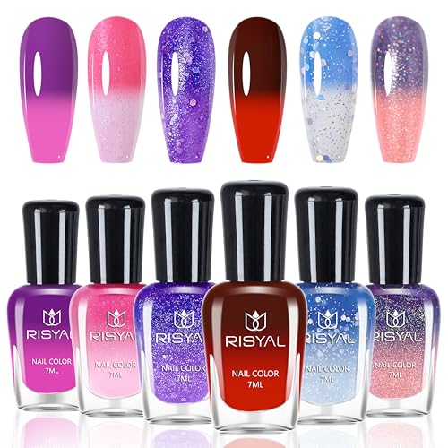 6 Farben Farbwechselnder Nagellack Set, Temperaturgesteuerter Farbwechselnder Nagellack - Nagellack Temperatur Farbwechsel Nail Polish für Frauen Mädchen Maniküre Salon, kein UV-Nagellampe (Bunt C)