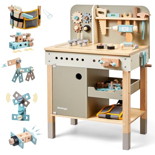 Kinder Werkzeug Bank, Holz Spiel Werkzeuge Set mit Kinder Werkzeug Gürtel Kleinkinder Werkbank Pretend BAU Werkzeuge Set Holz Spielzeug Bohrer Geschenk für Jungen, Mädchen Alter 3-9