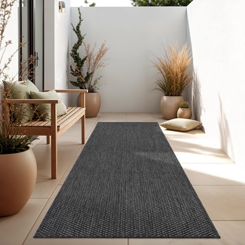 Paco Home Outdoor Teppich Flachgewebe Sisaloptik Modern Einfarbig meliert wetterfest & pflegeleicht Küchenteppich Ideal für Terrasse Balkon Garten, Grösse:80x250 cm, Farbe:Anthrazit
