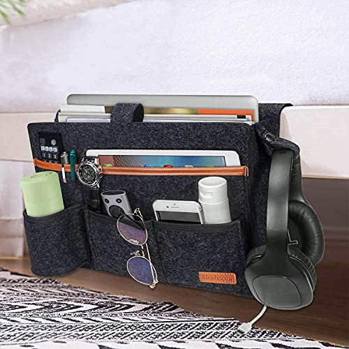 SIMBOOM Bett Organizer Betttasche Filz Aufbewahrung Buch Zeitschriften Halterung mit Flaschenhalter für Wohnzimmer Wohnheim Sofa Etagenbett - Dunkelgrau