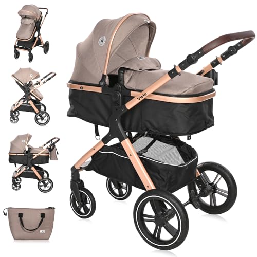 Lorelli Viola Kinderwagen 2 in 1, Umwandelbar in Sportsitz, Baby Kombikinderwagen bis 22kg, Zusammenklappbar, Große Gummireifen, Großer Einkaufskorb, Warmer Fußsack, PU Leder, Organizer Tasche, Beige