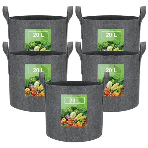 VIEWALL 20 L Pflanzsack aus Stoff,Kartoffelsack mit Griff, Wiederverwendbare Pflanztasche für Den Anbau von Kartoffeln, Tomaten,Gemüse,Blumen,Verdickter und Belüfteter Gartentopf, 5 Stück,Grau