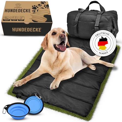 PFOTENGUT® Hundedecke für unterwegs [wasserdicht & rutschfest] - weiche Hundematte Outdoor [110x70 cm] zum Mitnehmen inkl. faltbarem Wassernapf mit Karabiner