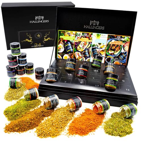 Hallingers Gewürz Adventskalender handmade, 24 Gewürze aus aller Welt (435g) - Goldene Elche (Set) - zu Weihnachten, Neues Zuhause, Chanukka - jetzt zu Weihnachten 2023 schenken