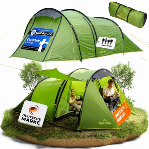 trailvista® Zelt für 2 & 4 Personen – wasserdichtes Tunnelzelt mit Vorzelt & Insektenschutz – leicht, kompakt & schnell aufbaubar – Outdoor Campingzelt für Trekking, Festival & Angeln