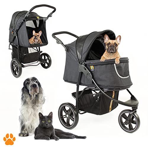 My Duque Cooper - Hundewagen & Haustier Buggy bis 32 kg mit Ablagekorb für Einkäufe, einfach faltbar, 3-Fach höhenverstellbar, Soft Touch Griffe, reflektierend und im modernes Design in schwarz