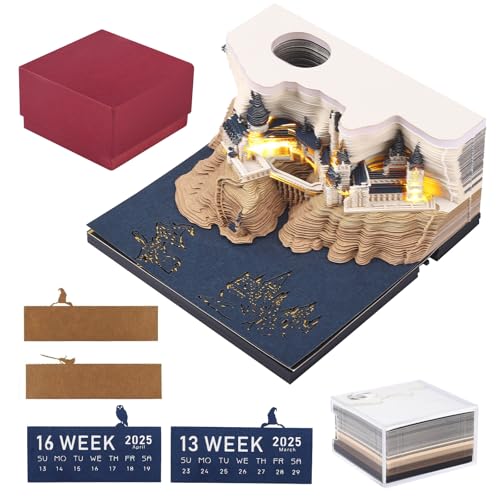 3D-Kalender 2025, 3D-Schreibtischkalender, Kalender mit LED, kreativer 3D-Schreibkalender, geschnitztes Papier, Schlossdekoration, Geschenke für Adventskalender